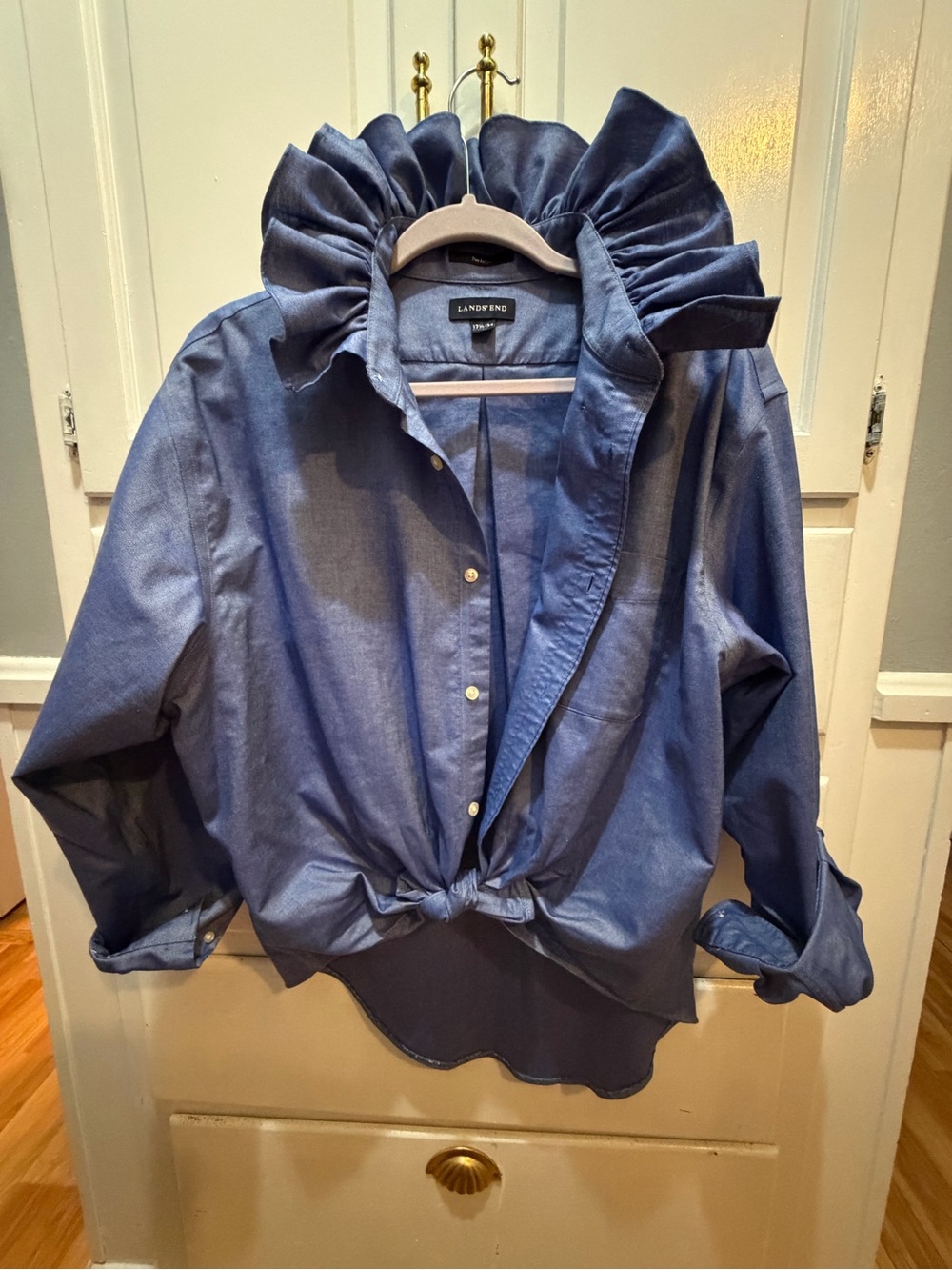 Women’s Upcycled One Of A Kind Ruffled Button Down Mens’s Lands End Shirt 17 1/2 - Picture 6 of 8